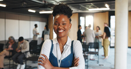 Business woman, arms crossed and portrait in convention for creative workshop, seminar and lobby....