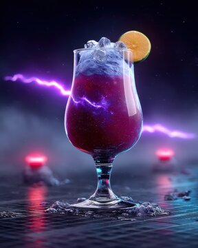 Anti-gravity elixir in a chromatic floating orb, with nebula swirls in the ice, in a futuristic laboratory counter, with surreal volumetric light, in iridescent purples and cosmic hues. Sci-fi