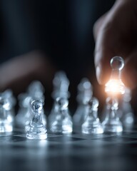 Crystal Chess Strategy Decision Scene - Hand Moving Glowing Chess Piece Business Game Scene
