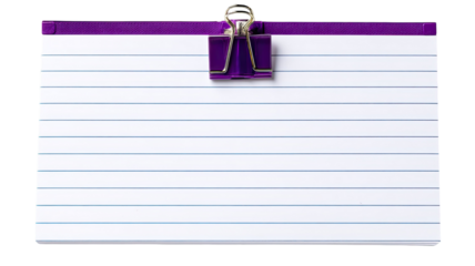  Lined paper sheet secured with purple binder clip office stationery organization school supplies close up isolated on white background