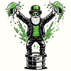 Rocker Biker Celebration on St. Patrick's Day Holding Two Green Beer Mugs