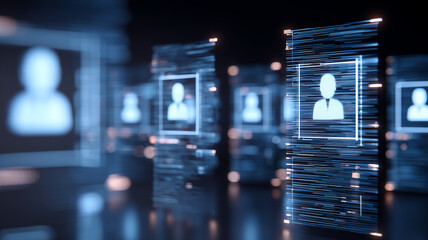 Digital human profile icons displayed in a futuristic data interface representing user data management digital identity and information systems.
