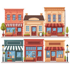 Colorful cartoon illustration of a row of six storefronts with awnings and windows on a white background, showcasing various architectural details.