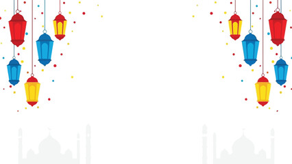 Ramadan lantern vector background with colorful hanging lamps and confetti design