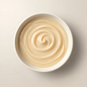 Overhead view of a luxurious, light-colored creamy sauce, beautifully swirled in a clean white bowl, highlighting its smooth, whisked texture, perfect for culinary