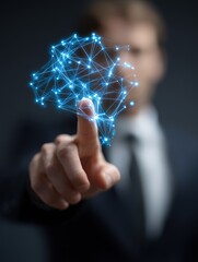 Business Professional with Network-Like Neural Network - Tech Background AI Innovation Interaction Scene
