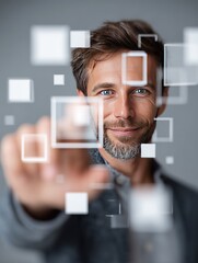 Man Interacting with Virtual Squares Tech Scene - Modern Digital Interface Innovation Operation Scene
