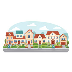 A cartoon illustration of a row of colorful houses with cute details, set against a blue sky with fluffy clouds and lush greenery, in a charming neighborhood scene.