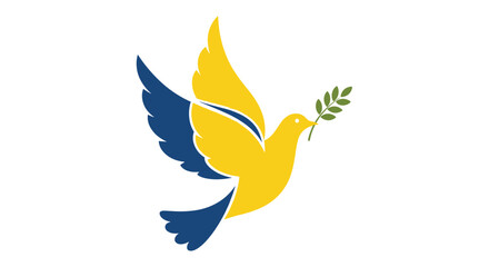 A peace dove in the yellow and blue colors of the Ukrainian flag, holding an olive branch as a symbol of peace for Ukraine.