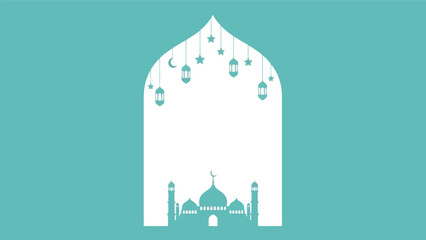 Ramadan vector illustration with mosque silhouette, lanterns, crescent moon on teal background © artificial_azad!