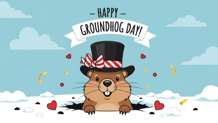 A cartoon groundhog wearing a top hat and bow tie on Groundhog Day