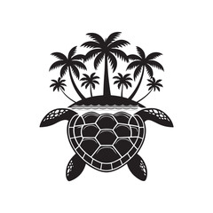 Turtle Silhouette Carrying Island with Palm Trees, Fantasy Vector black color on White Background (2).eps