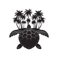 Turtle Silhouette Carrying Island with Palm Trees, Fantasy Vector black color on White Background (3).eps