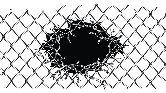 Damaged Chain Link Fence Vector &ndash; Broken Steel Wire Mesh with Hole..eps