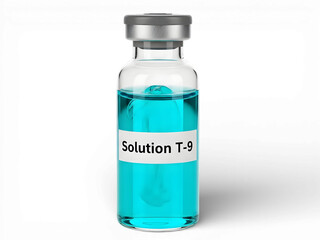 Clear glass medical vial filled with blue liquid medicine, sealed with silver cap and blank label, isolated on transparent and white background, representing pharmaceutical innovation, laboratory rese