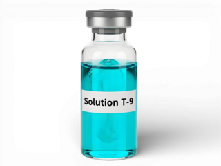 Clear glass medical vial filled with blue liquid medicine, sealed with silver cap and blank label, isolated on transparent and white background, representing pharmaceutical innovation, laboratory rese