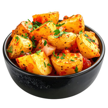 Spicy patatas bravas with creamy aioli sauce in a dark bowl, a classic and popular spanish tapas dish