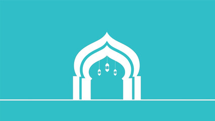 Ramadan mosque arch vector with lanterns minimalist blue background illustration