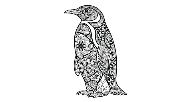 Intricately patterned penguin illustration in a black and white zentangle style, designed for an adult anti-stress coloring book page.