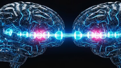 Digital representation of two brains connected by a glowing blue link symbolizing neural communication and technology