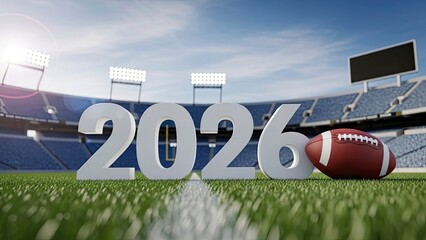 American football on green field with large 2026 numbers in empty stadium with sports and game and football field