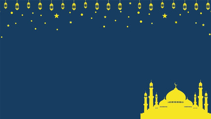 Ramadan vector background with mosque silhouette, lanterns, and stars on blue