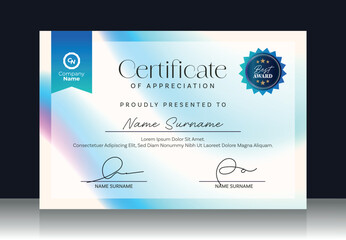 Modern certificate template for professional award presentation, clean business layout with blue gradient design suitable for corporate recognition and formal appreciation