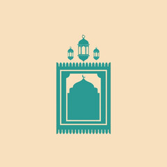 Ramadan vector illustration with mosque, prayer rug, and lanterns on beige background