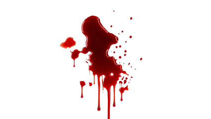 Red blood splatter with drips and spots on white background, representing injury, trauma, or medical emergency, ideal for graphic design and clinical contexts.
