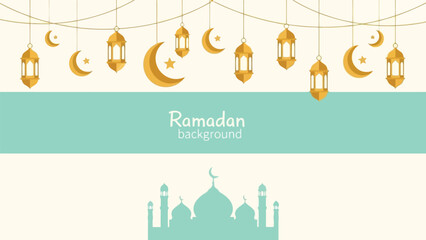 Ramadan vector background with mosque, lanterns, crescent moon and hanging decorations