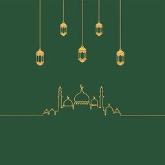 Ramadan vector illustration with mosque outline and hanging lanterns on green background