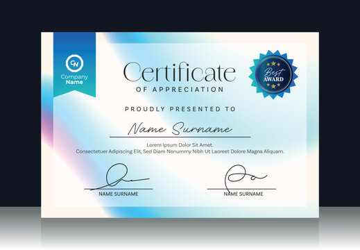 Modern certificate template for professional award presentation, clean business layout with blue gradient design suitable for corporate recognition and formal appreciation - Powered by Adobe