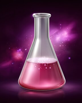 Cosmic ripple elixir in a transparent prism flask, with bioluminescent particles in the liquid, set against an abstract cosmic setting, lit by dramatic glowing backlight, in neon pink and deep