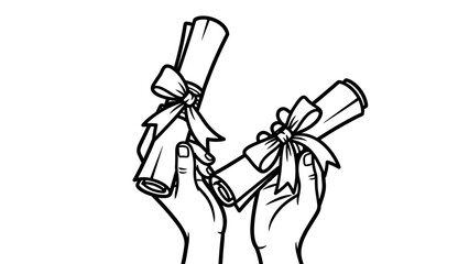 A minimalist line drawing of two hands holding rolled up diplomas with ribbons in a celebratory gesture, symbolizing a Happy Graduation against a clean white background.
