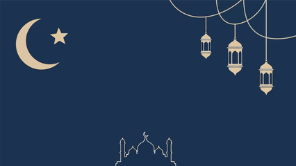 Ramadan vector background with crescent moon, mosque outline, and hanging lanterns