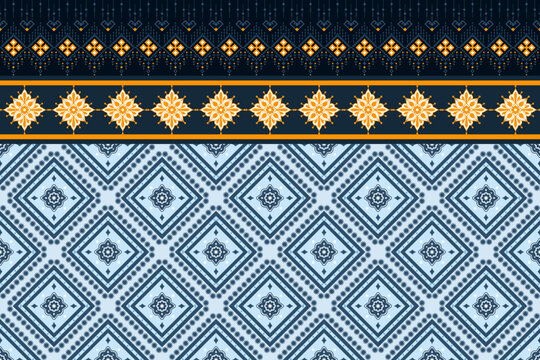 Vibrant geometric diamond ethnic seamless pattern background vector illustration in a bold combination of navy blue, gold, and orange, suitable for modern folk art textile prints.