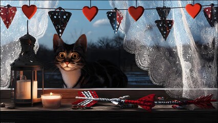 Charming tabby cat engaging in playful Valentine's antics on a cozy windowsill adorned with dangling heart ornaments and a cupid arrow feather toy, illuminated by soft candlelight through elegant lace
