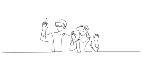 Fototapeta premium Continuous one line drawing of male and female gamers enjoying virtual reality. Minimal outline illustration for entertainment, technology, and digital lifestyle concepts.