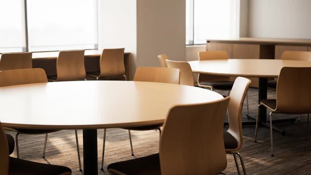 Empty Modern Conference Room with Round Tables and Chairs