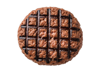 A thick, perfectly grilled hamburger patty, rich brown with char marks, juicy and textured, isolated on bright white background with copy space, concept of culinary perfection