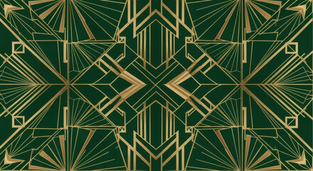 Elegant Art Deco Golden Geometric Pattern on Deep Emerald Green Background for Luxurious Design and Vintage Style