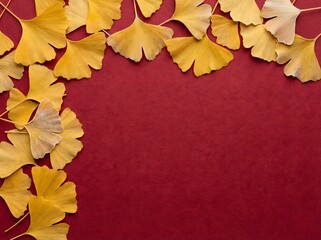 Golden Ginkgo Leaves and Frost on Rich Red Background