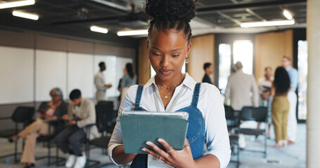 Reading, info and woman with tablet, seminar and event planner with schedule on website or browsing. Checking, checklist and person with tech for coordination, scroll and online in conference hall