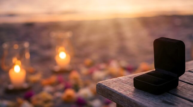 Romantic Proposal Setting with Empty Ring Box at Sunset Beach