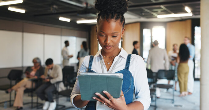 Reading, info and woman with tablet, seminar and event planner with schedule on website or browsing. Checking, checklist and person with tech for coordination, scroll and online in conference hall