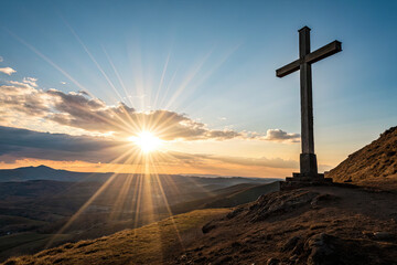 Dramatic Sunset, Christian Cross, Hilltop, Landscape Photography, Natural Environment, Wide Angle View, Spiritual Symbolism
