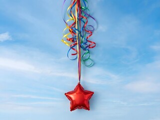 Red Star Balloon with Colorful Ribbons Against Blue Sky