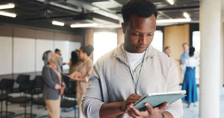 Research, online and man with tablet, conference and event planner with schedule on web or browsing. Digital, checklist and person with technology for coordination, scroll and preparation for seminar