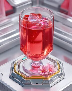 Plasma ripple elixir in an anti-gravity levitating cup, with holographic foam top, set in a zero-gravity dining pod, underlit with prismatic highlights, in neon pink and silvery chrome. Sci-fi