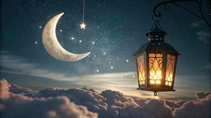 Lantern Glowing Under the Moon and Stars, Dreamy Atmosphere, Digital Art